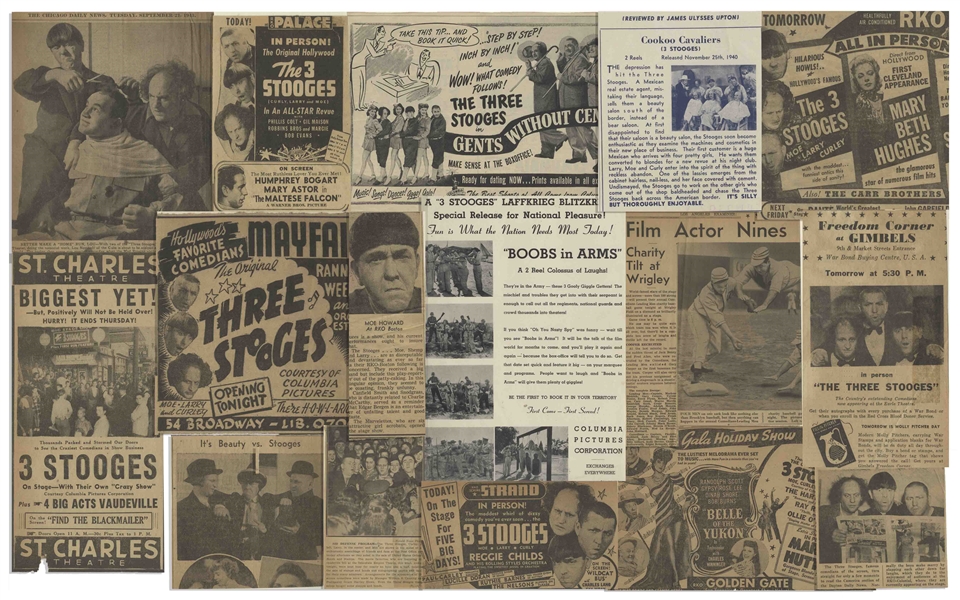 Approximately 80 of Moe Howard's Newspaper Clippings From His Scrapbook, During the 1940s -- Also With 3pp. of Notes From Scrapbook Cataloging Clips -- Very Good Condition